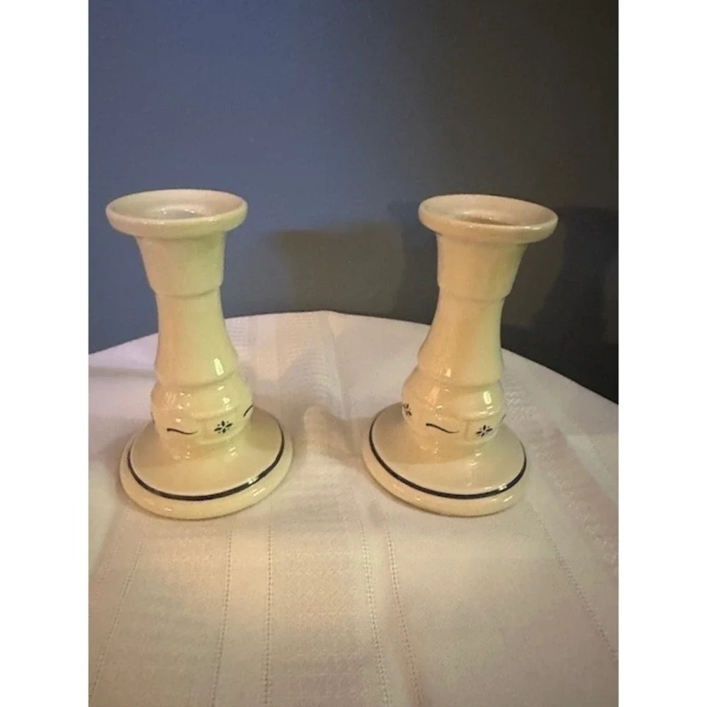 Set‎ of 2 Vintage Longaberger Pottery Candlesticks Woven Blue Traditions